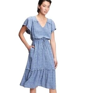 GAP‎ Blue White Polka Dot Tiered Midi Dress Flutter Sleeve Vneck Size Large